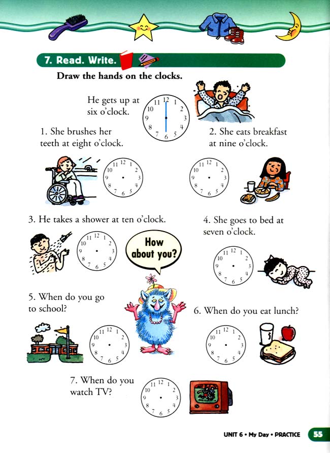 人教版二年级英语第二册(新派)电子课本unit 6 My Day(第55页)