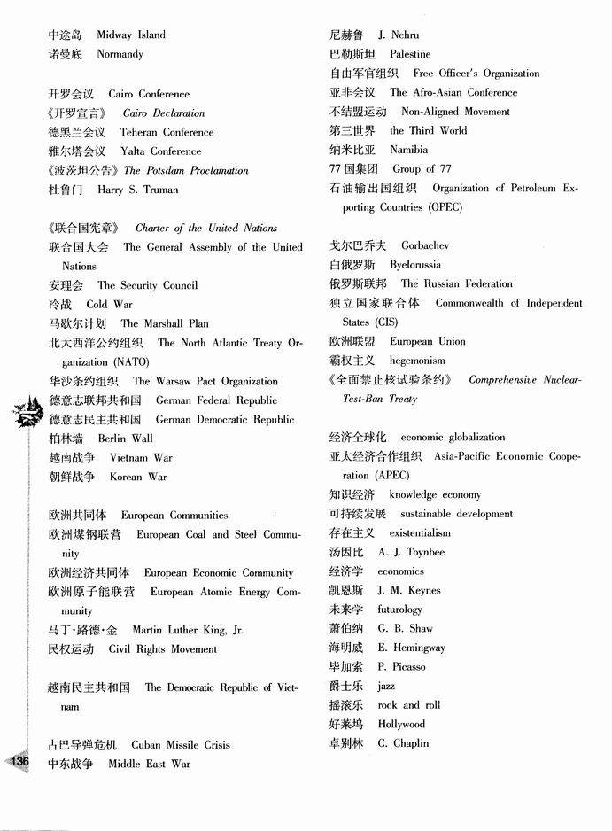 部分中英文词汇对照表(第135页)