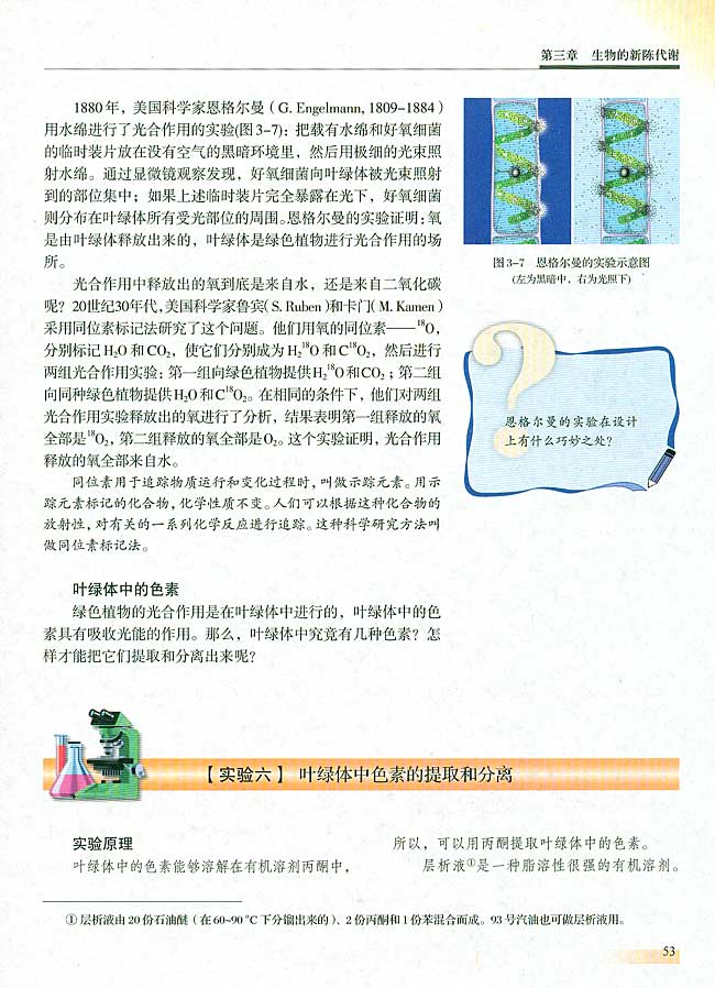 【实验六】 叶绿体中色素的提取和分离(第53页)