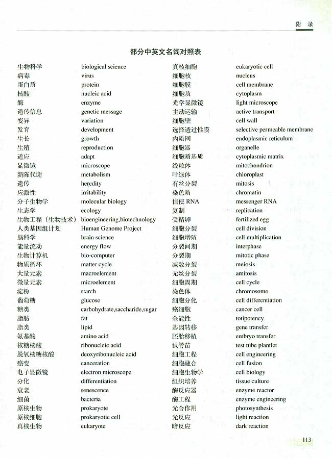 附录： 部分中英文名词对照表(第113页)