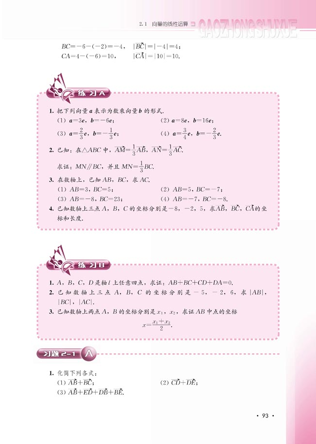 2.1.5 向量共线的条件与轴上向量坐标运算(第93页)