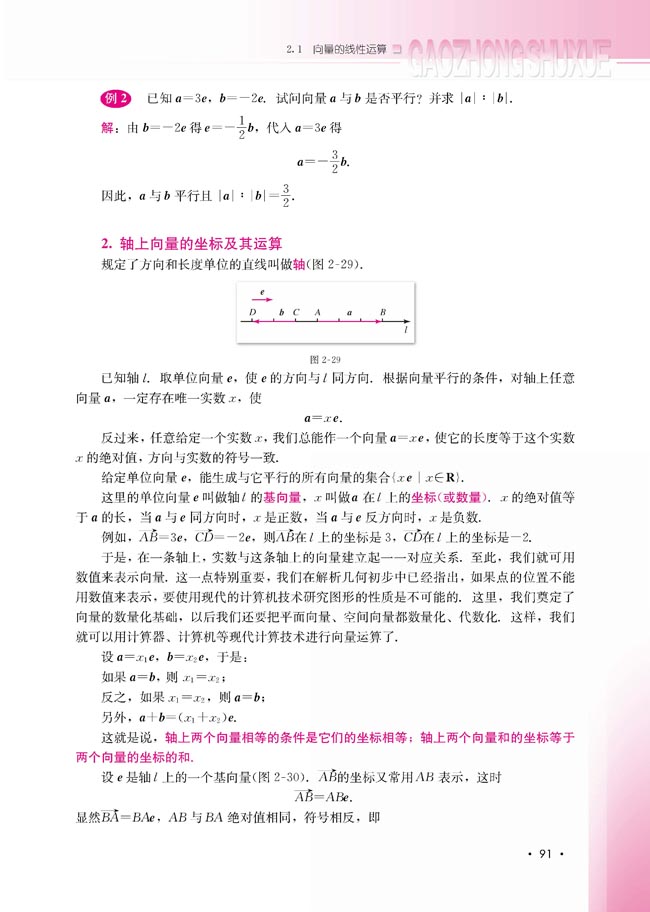 2.1.5 向量共线的条件与轴上向量坐标运算(第91页)