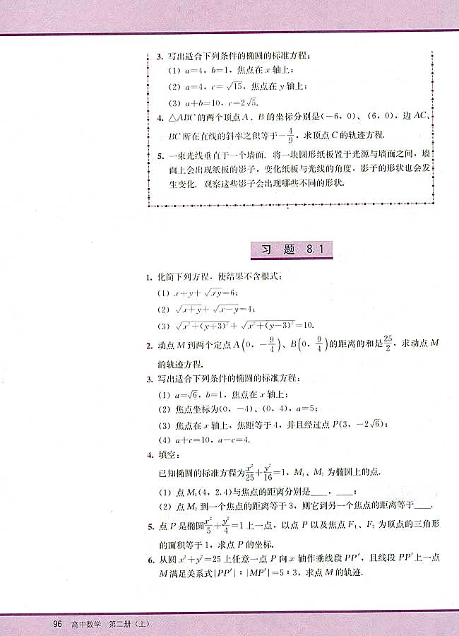 8．1 椭圆及其标准方程(第96页)