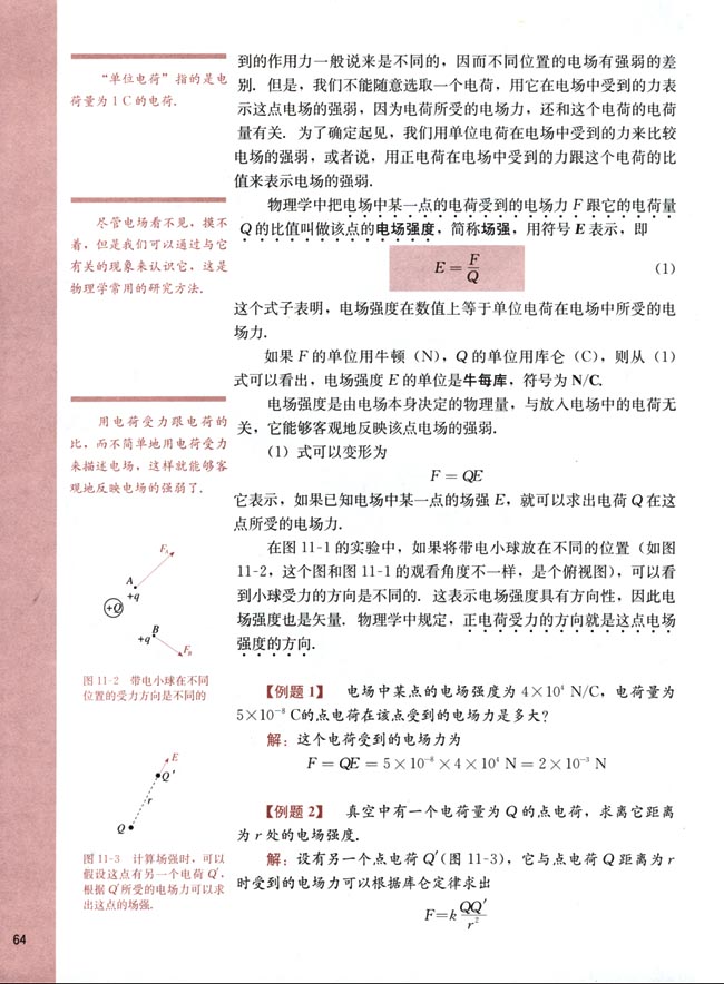人教版高二物理第二册（必修）电子课本二、电场强度 电场线(第64页)