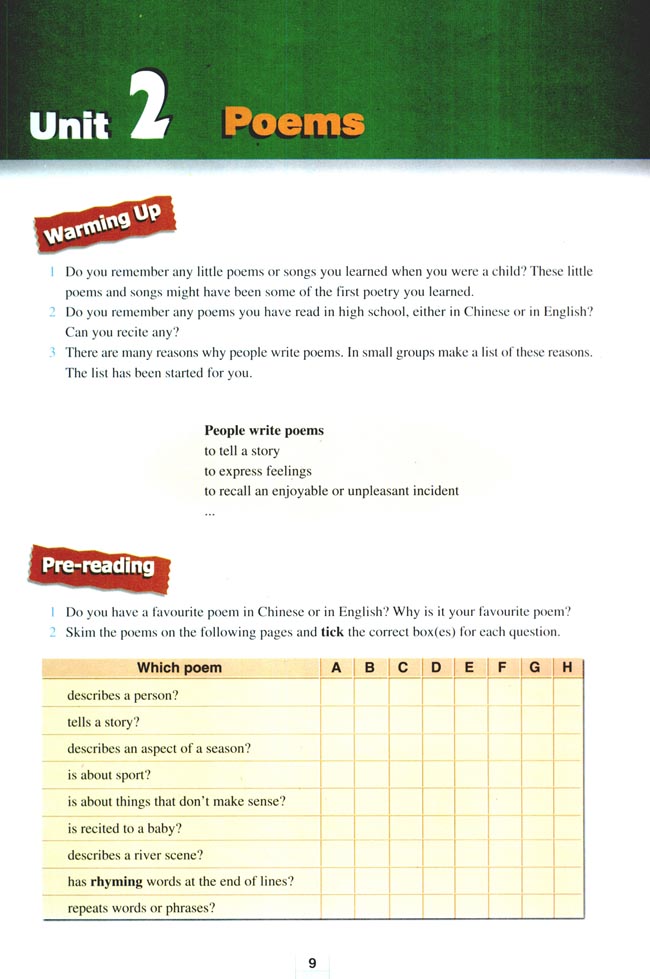 人教版高三英语选修6电子课本Unit 2 Poems(第9页)