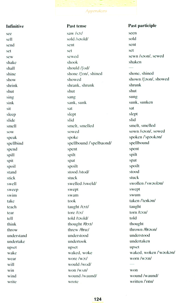 人教版高三英语选修9电子课本Irregular verbs(第124页)
