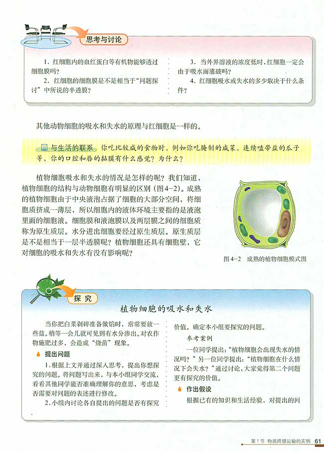 第1节 物质跨膜运输的实例(第61页)