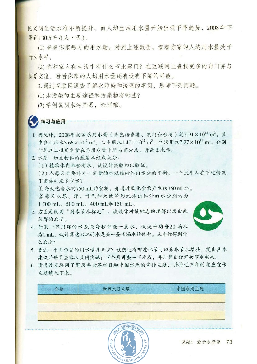 课题1 爱护水资源(第73页)