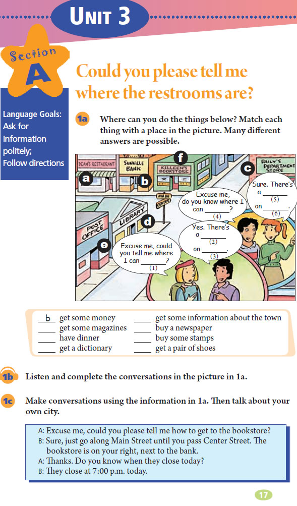 Unit 3 Could you please tell me where the restrooms are?(第17页)