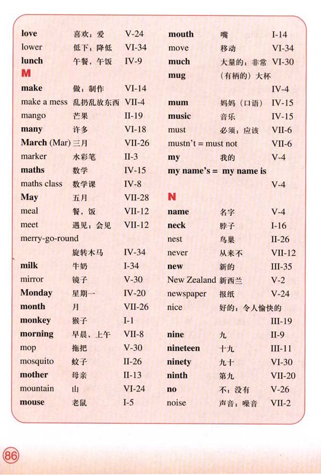Vocabulary（词汇表）(第86页)