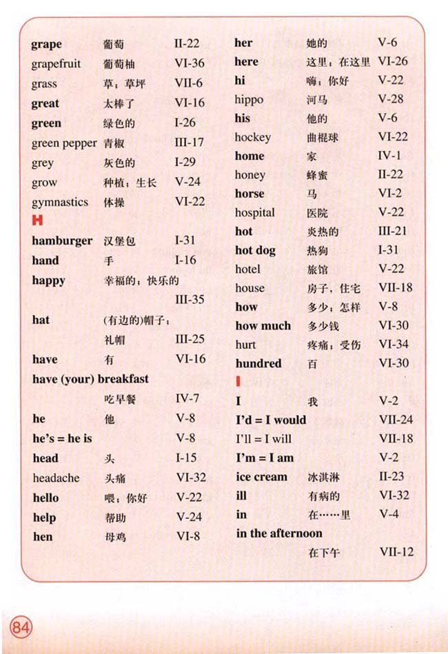 Vocabulary（词汇表）(第84页)