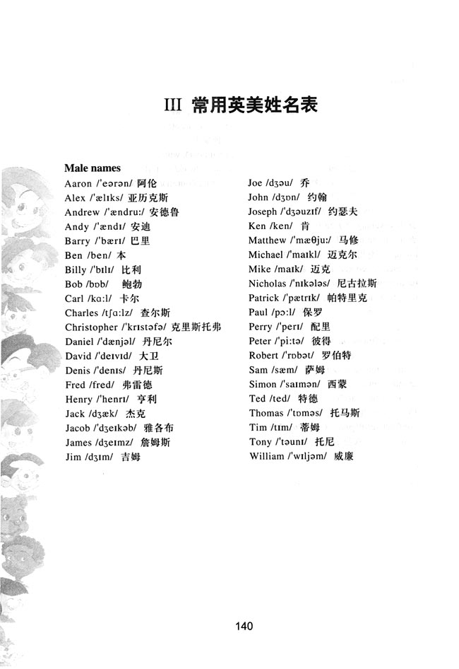 PEP小学六年级英语上册教师教学用书Ⅲ常用英美姓名表