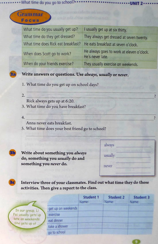 2 What timedo you go toschool?(第9页)