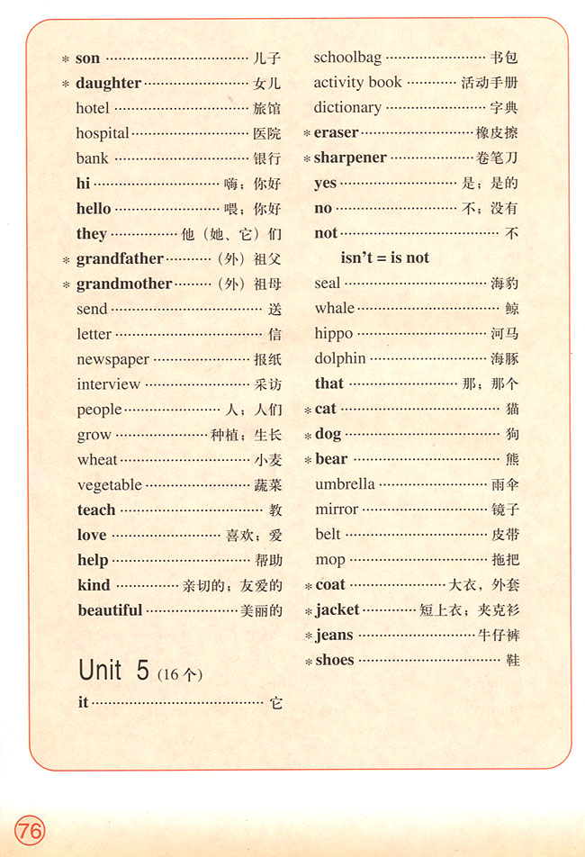 Words in Each Unit（单元词汇表）(第76页)