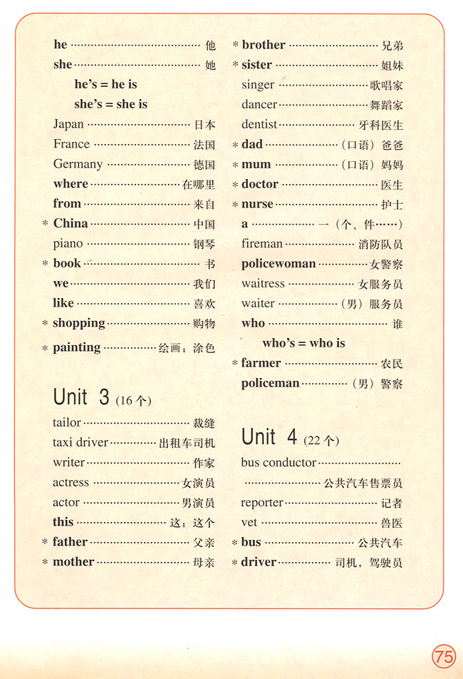 Words in Each Unit（单元词汇表）(第75页)