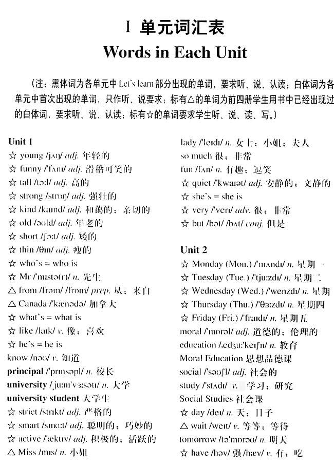 PEP小学五年级英语上册教师教学用书附录I单元词汇表